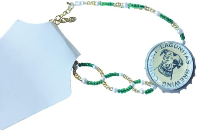 Green Gold and White Beaded Recycled Lagunitas Dog Bottlecap 7 Inch Bracelet