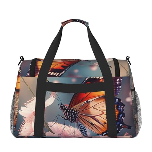 Butterfly Print Travel Duffle Bag - Foldable Personal Item Travel Bag for Women & Men,Carry-On Convertible Crossbody Tote Bags with Adjustable Shoulder Strap & Pockets 13x10.2x19.7 in2