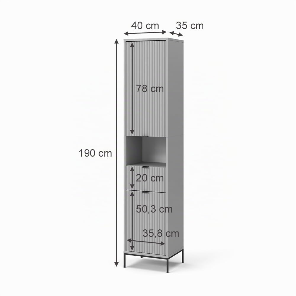 Vicco Badschrank Eliza, Grau, 40 x 190 cm | mit Türen, und Schublade, zur Aufbewahrung von Badutensilien und kombinierbar mit Eliza-Reihe