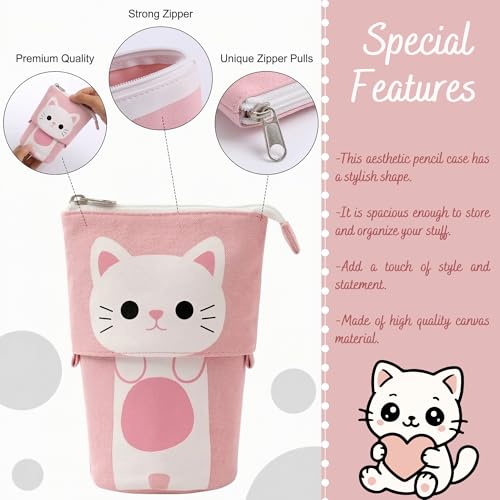 Image of FINEMOE Standing Pencil Case Cute Pencil Pouch for Girls Boys, Korean Boba Pop Up Stationery Makeup Cosmetic Organizer Box, Pouches for Stationary Boys Kids Women School Students (Pink Cat)