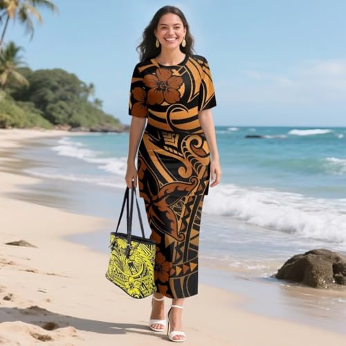 Image of Puletasi Samoan Traditional 2 Piece Outfits for Women Short Sleeve Crop Top and Maxi Skirt Sets Puletasi Dress