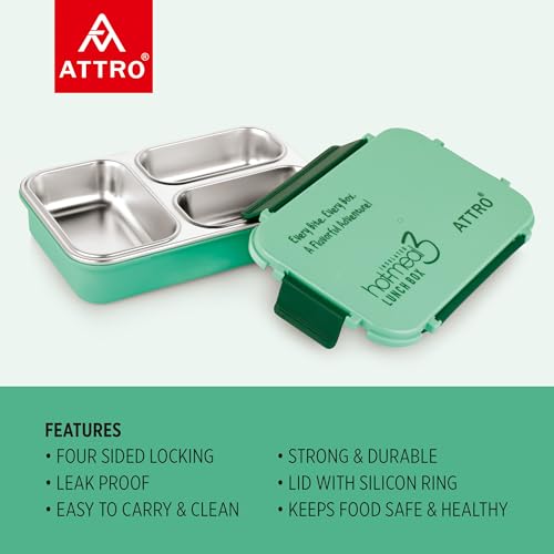 Image of ATTRO Hot-Meal 3 Insulated Lunch Box with 3 Compartment, Inner Stainless Steel & Locking Lid BPA-Free Food Grade Ideal for School, Office - 900ml Green