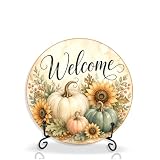 Fall Welcome Signs Round Wooden with Metal Holder, White Pumpkin Rustic Farmhouse Thanksgiving Table Decor
