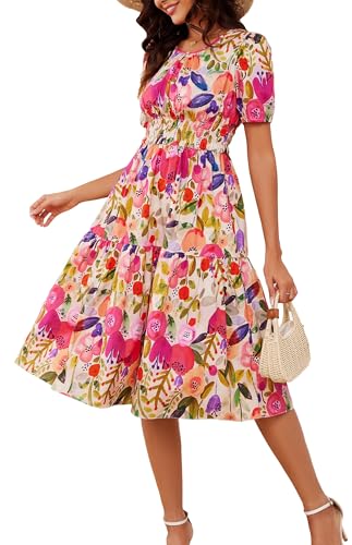 Image of Kormei Women Summer Casual Boho Floral Round Neck Short Sleeve Smocked Waist Tiered Flowy Swing Midi Dress