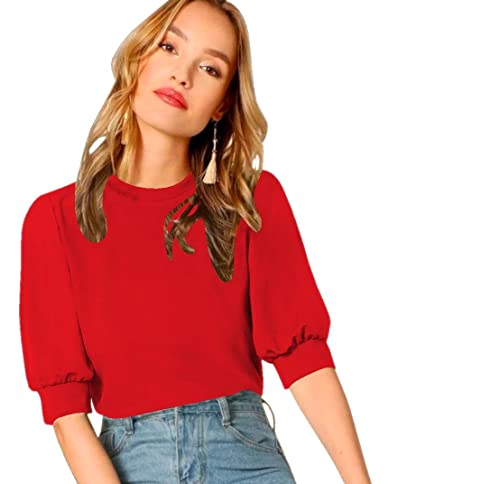 Image of Dream Beauty Fashion Women's Puff Sleeve Round High Neck Top Balloon Bishop Sleeve Elegant Casual Tee (23 inch Inches)- (Top Sofia P)