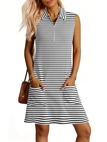 Image of ANRABESS Womens Summer Dresses Casual Sleeveless Ribbed Half Zip Polo Collar Tshirt Dress 2026 Spring Tunics Short Sundress