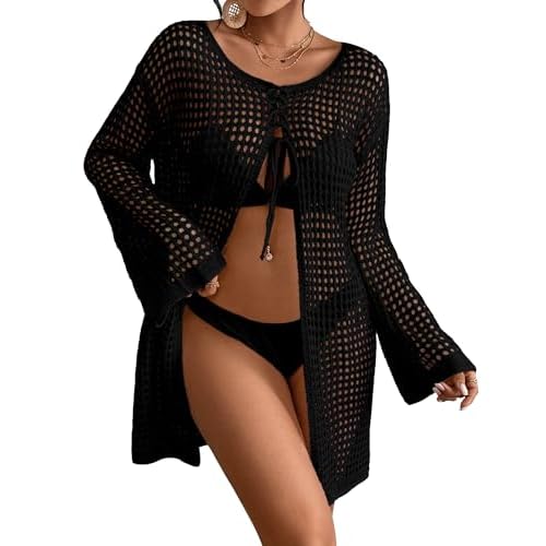 Eddoyee Bathing Suit for Women Crochet Beach Cover Ups Hollow Out Long Sleeve Swimsuit Bikini Sets Tie Front Swimwear Dress Black