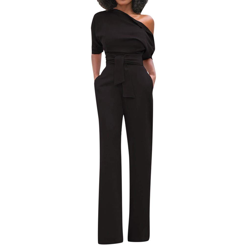 RISTHY Mono Fiesta Mujer Elegante Un Hombro Manga Corta Talla Grande Mono de Pierna Ajustado Largo Monos Fiesta Recta con Traje de Clubwear con Cinturón