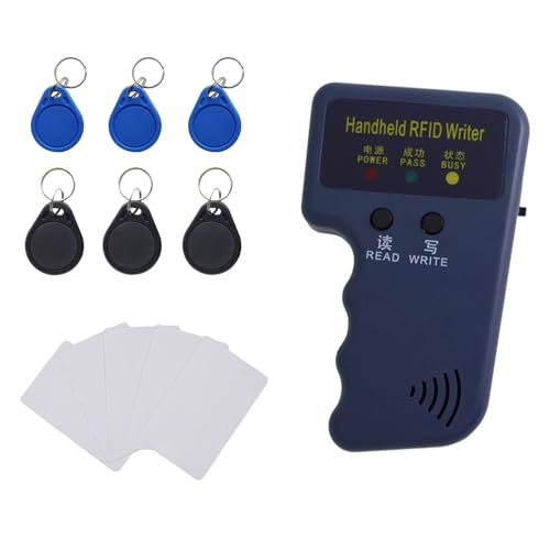 125kHz Handheld RFID Reader and Writer Portable ID Card Copier Device for T5577/EM4305 Includes 6 Blank Key Fobs & 5 writable Cards for Duplicating Access Cards Parking Permits(Battery Not Included)