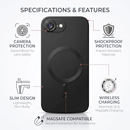 Image of amazon basics Premium Mag-Safe Case for iPhone 16E | Shockproof & Anti-Scratch Cover | Soft Silicone with Wireless Charging | Camera Lens Guard - Black