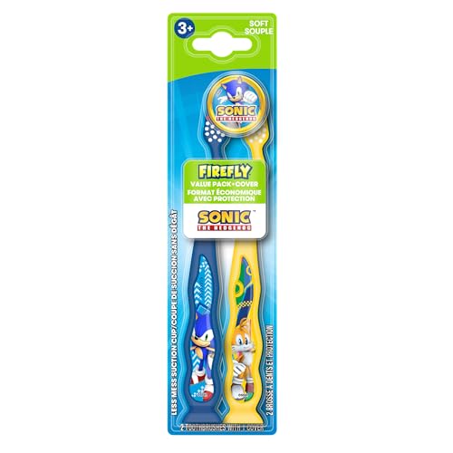 FIREFLY Manual Toothbrush for Kids with Suction Cup Sonic the Hedgehog Soft Bristle 2 toothbrushes + 1 Cover