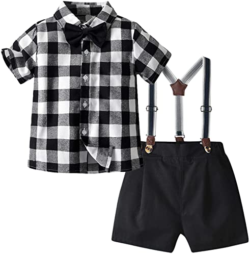 Image of SANGTREE Baby Boys Gentleman Suit Clothes, Dress Shirt with Bowtie + Suspender Shorts