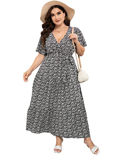 Image of ShopWonder Womens Plus Size V Neck Wrap Maxi Dress High Waist Ruffle Summer Casual Dress with Belt