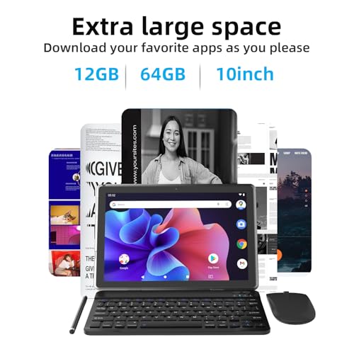 Image of Android 15 Tablet 10 inch, 2 in1 Tablets with Keyboard Case Mouse Stylus, 12GB RAM 64GB ROM 1TB Expand, Quad-Core Processor Tablet PC, 5G WiFi6, BT5.0, 6000mAh, 1280*800 IPS Screen, Widevine L1, Black