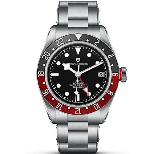 Pagani Design 1706 GMT Automatik Uhr Hommage Black Bay Herren Mechanische Armbanduhr Multi-Time Zone Funktion Wasserdicht 200M Sportuhr (Schwarz Rot)