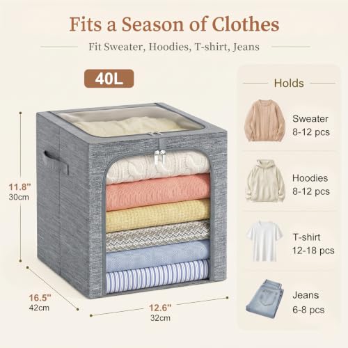Image of GoMaihe Clothes Storage Bin with Metal Frame: 6-Pack Stackable Closet Storage Bin with Lid & Clear Window, Sweater Boxes Storage for Closet Bedding Clothing Storage Organizer 40L