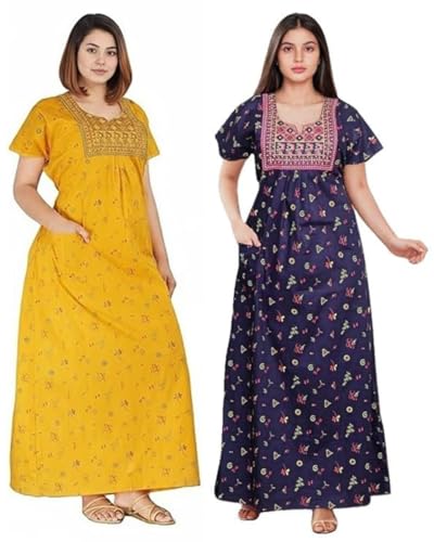 Image of OFEEFAN Women's Cotton Embroidered Jaipuri Nighty Gown - Pack of 2 Rajasthani Print Maxi Night Dress with Pocket - Soft & Comfortable Ladies Sleepwear & Loungewear