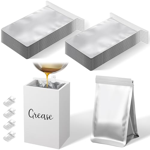 Hushee 35 Set Grease Disposal Container for Kitchen with 30 Foil Liners Disposable Grease Bags Bulk Wooden Storage Bin 4 Clip Bacon Cooking Oil Container Help Stop Drains from Getting Clogged (White)