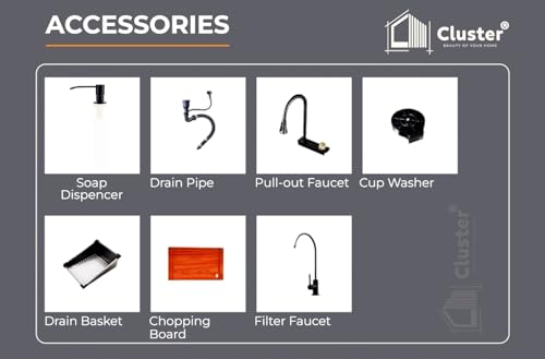Image of CLUSTER Nano Coating 304 Grade Stainless Steel Single Bowl Handmade Kitchen Sink With Waterfall Pull-Out Faucet, Soap Dispenser, Ro Faucet, Cup Washer, and Fruit Basket, 24x18x9 Inches