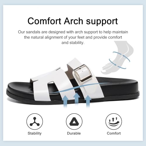 Womens Platform Sandals, H sandals for Women Leather White Black Open Toe Sandals with Adjustable Buckle Summer Comfortable Beach Chunky Slip on Slides4