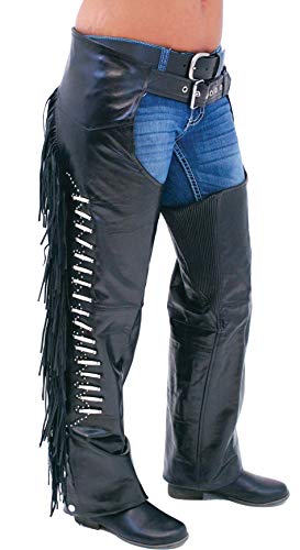 Jamin Leather - Premium Leather Chaps w Bone Beading, Stretch Thighs & Fringe #C1730SFKK (Size: XL)