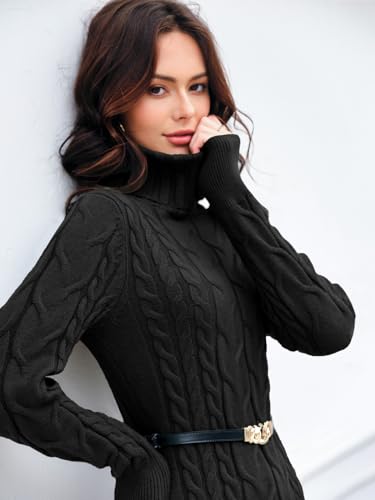 Image of Langwyqu Womens Cable Knit Long Sleeve Turtleneck Bodycon Sweater Dress