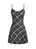 WDIRARA Women's Plaid Spaghetti Strap Cami Dress Sleeveless Flared Hem Mini Dress Black and White Small