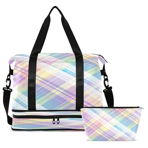 Rainbow Plaid Gym Bag for Women Sport Travel Duffel Bag Shoulder Weekender Overnight Bags with Wet Pocket & Shoe Compartment2