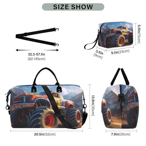 Large Travel Duffel Bag, Orange Truck Sports Tote Gym Bag, Shoulder Weekender Overnight Bag for Women Men, Carry On Luggage with Toiletry Bags3
