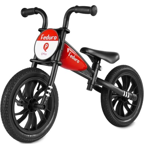 QPLAY Bicicleta sin Pedales Niño 3 Años Feduro Rojo, Bici Equilibrio Infantil 12 Pulgadas, Cuadro Estilo Moto, Ruedas de Aire, Asiento Ajustable, Juguetes Niños 2 y 3 Años (Multicolor)