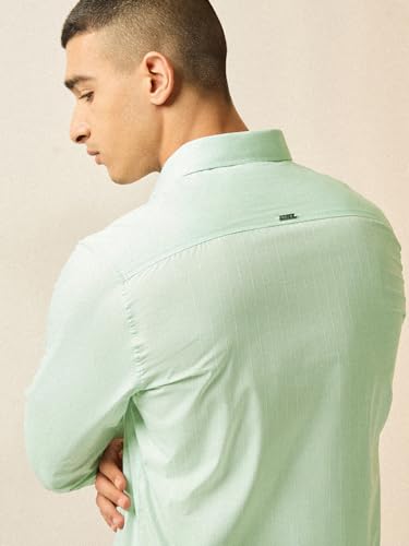 Image of THE BEAR HOUSE Men's Green Vertical Striped Tailored Fit Formal Shirt