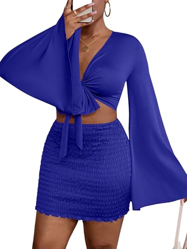 Image of LYANER Women 2 Piece Vacation Outfits Tie Knot Front Bell Long Sleeve Crop Top and Mini Skirt Summer Set