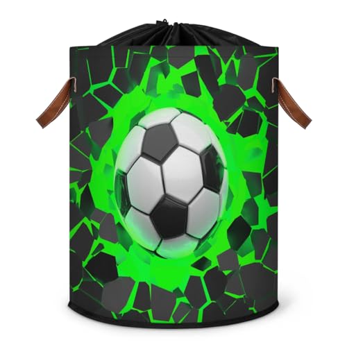 Round Laundry Basket with Lid, Soccer Ball Collapsible Large Drawstring Laundry Hamper Storage with Handle, Toy Clothes Storage Basket for Nursery Playroom