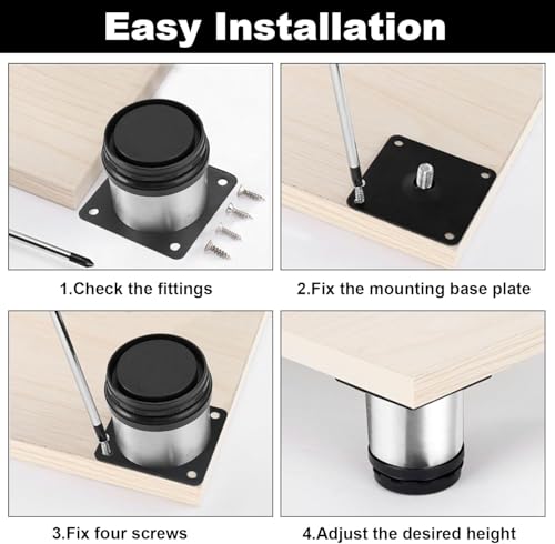 8 Pieces Round Adjustable Furniture Cabinet Legs, 5cm Adjustable Stainless Steel Kitchen Feet, Heavy Duty Metal Furniture Feet with 32 Pieces Screws, Adjustable Height 0-15 mm, for Sofa, Bed, Table - Image 4