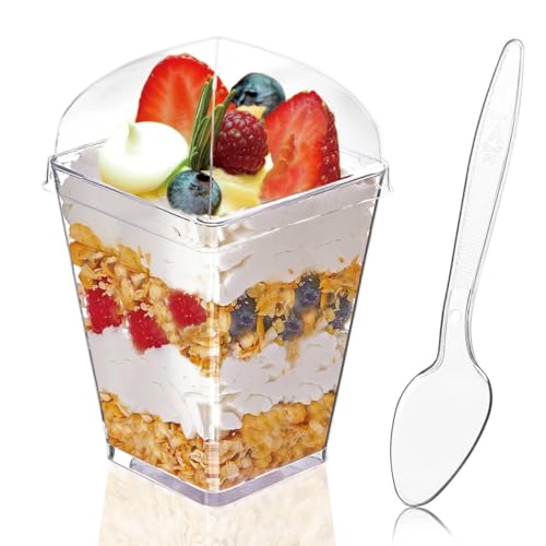 Hiasobre 50Pack 5oz Clear Plastic Dessert Cups with Lids and Spoons, Reusable Square Parfait Appetizer Cups, Party Trifle Shooter Serving Cup, Mini Dessert Shot Glasses for Tasting