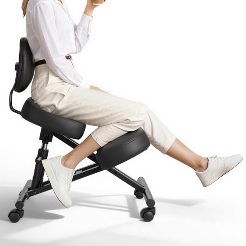 VEVOR Silla Ergonómica de Rodillas con Respaldo y Ruedas, Taburete para Rodillas en Forma de X con Altura Ajustable y Cojines de Espuma Gruesa, Relajarse de Espalda para Hogar, Oficina, Negro