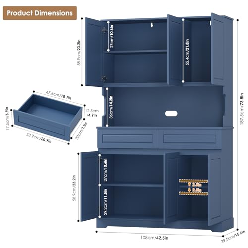 Image of FACBOTALL 74 inch Pantry Cabinet, Tall Kitchen Pantry Cabinet with 6 Doors and 2 Drawers, Kitchen Hutch with Wide Countertop, Modern Kitchens Cupboard with Adjustable Shelves and Charge Holes, Blue