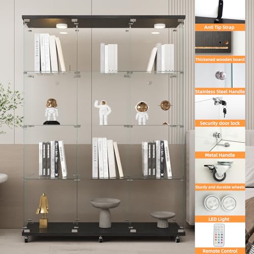 LFT HUIMEI2Y Glass Display Cabinet 12 Shelves with 3 Columns 2 Doors, LED Light and Lock, Extra Large Curio Cabinets Quick-Install Style Tempered Glass Bookshelf for Living Room, Kitchen Black