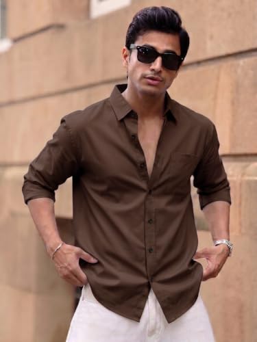 Image of Men's Brown Solid Full Sleeve Casual Shirt with Chest Pocket