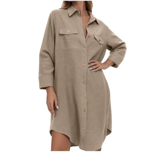 Chemisiers surdimensionnés pour femmes, chemises de robe longues habillées à col boutonné à manches longues, hauts de robe amples business décontracté, kaki, XL