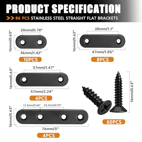 Image of mankk 86PCS Black Straight Flat Metal Bracket Mending Plates Stainless Steel Flat Brace Brackets Fixed Connecting Plate for Wood Repair Fixing