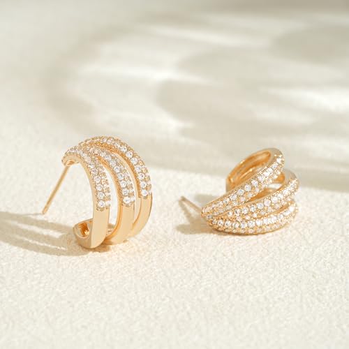FETTERO Split Hoop Earrings 14K Gold Plated Chunky Hoop Earrings for Women Dainty Hypoallergenic Half Hoop Earring Jewelry Triple Hoop Earrings