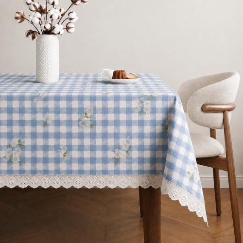 Image of Amazon Brand - Umi Cotton Tablecloth for 6-8 Seater Dining Table, Blue Gingham Check Daisy Floral Print Rectangular Table Cover with Lace Trim 4 Corners, Farmhouse Cottage Style Washable Table Linen
