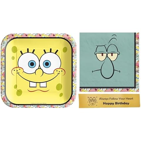 Sponge Party Supplies Bundle Featuring Bob Luncheon Plates, Napkins, With Printed WGIS Birthday Ribbon Cover