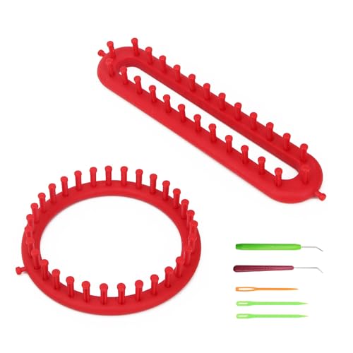 MYLERCT Tricotin Manuel, 2 Pièces Rouge Tricotin Circulaire, 19 cm Rond et 26 cm Rectangle Ensemble de Métiers à Tricoter avec Crochet et Aiguilles en...