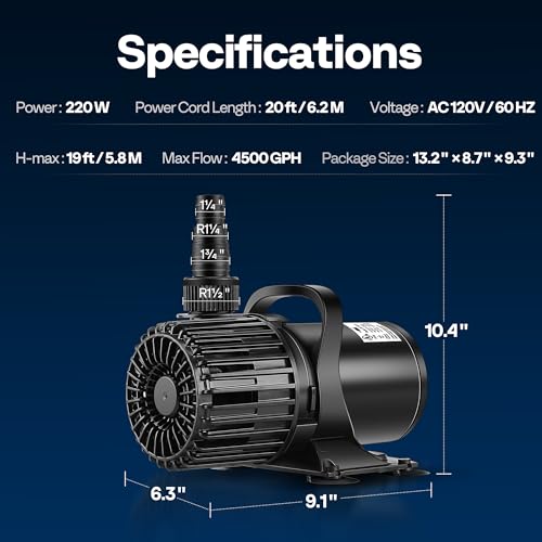 VIVOHOME Electric 220W 4500GPH Submersible Water Pump for Koi Pond Pool Waterfall Fountains Fish Tank and Aquarium