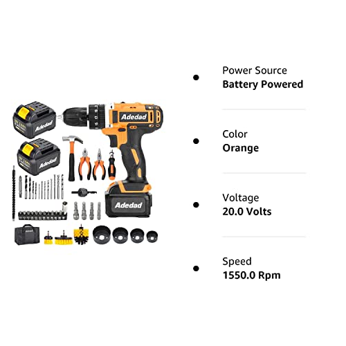 Adedad 20V Cordless Drill Set Electric Power Drill Kit With 2 Batteries And Charger,300 In-Lbs Torque, 3/8 Inch Keyless Chuck, 23+1 Position,2 Variable Speed, Led Light And 48Pcs Accessories #TOP7