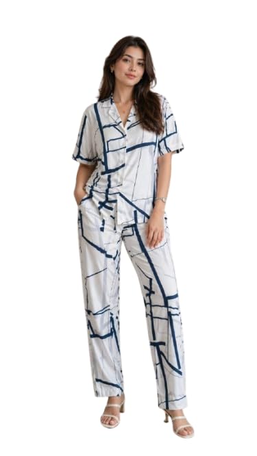 urban rebel Women's Co-Ord Set, White and Navy Blue Abstract Print, Short Sleeve Shirt with Wide Leg Trousers-picture-42