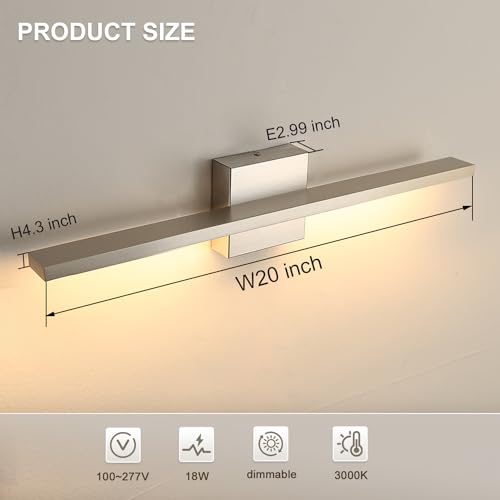 Image of Modern Bathroom Light Fixtures Over Mirror 20 Inch 18W Brushed Nickel Vanity Light Bar for Bathroom Wall Sconce 3000K Bar Vanity Lights
