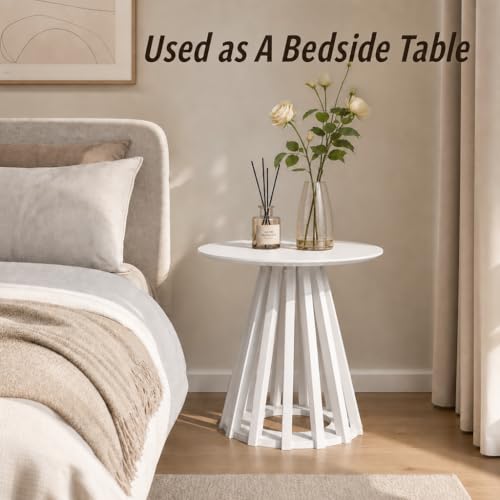 Image of HNY Round Fluted End Table, 19.7 inch Modern White Side Table, Mid Century Wood Circle Bedside Tables Drink Table Nightstand for Bedroom, Living Room, Small Space